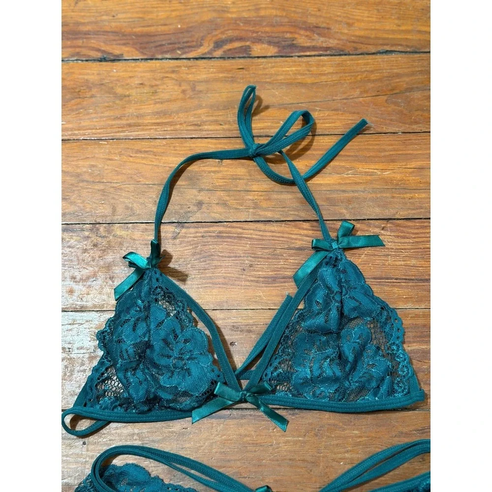 Avidlove‎ Teal Green Lace Lingerie Set Small Strappy Halter Bra and Panty Set